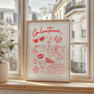 Galentines Party Print, druckbare Valentinstag Barwagen-Poster, 2025 Partydekor, Doodle handgezeichnete Wandkunst, Coquette Champagne Digital Art