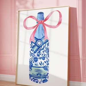Nadruk szampana, dekoracja pokoju kokietki, sztuka ścienna w stylu chinoiserie, różowa kokardka do druku, niebiesko-biała kwiatowa miękka estetyka dziewczyny, modna sztuka ścienna