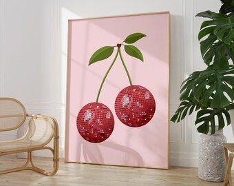 Disco Ball Cherry Print, Trendy Wall Art, Cherry Dorm Decor, Y2K Apartment Aesthetic, Pink Printable Wall Art, dopamine decor, Teen Room