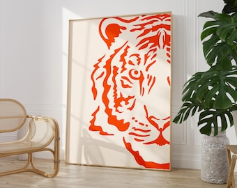 Arte mural de tigre naranja, póster de dormitorio universitario con tigres para imprimir, arte mural naranja de moda, impresión digital universitaria, decoración de apartamentos Go Tigers