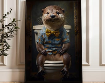 Otter on Toilet Print, River Otter Printable Wall Art, Bathroom Wall Poster, Funny Animal Print, Restroom  Potty Decor, Digital Download
