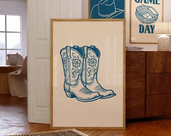 Blue Coastal Cowgirl Boots Wall Print, Preppy Printable Dorm Room Art, Trendy Disco Cowgirl Wall Art,  Retro Western Bar Cart Digital Print