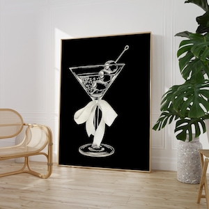Impresión de lazo de coqueta de martini en blanco y negro, decoración de habitación universitaria de coqueta oscura, arte de pared de estética preppy, póster de cóctel de carrito de bar de apartamento