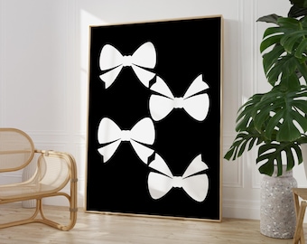 Estampado de lazo en blanco y negro, decoración de habitación coqueta, póster de coqueta oscura, arte de pared de estética preppy, imprimible para habitación de adolescentes, arte de apartamento universitario