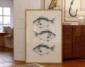 Bass Fish Navy Wall Art, PRINTABLE Watercolor Wall Poster, Lake House Print, Nautical Marine Decor, Fisherman Ocean Downloadable Vintage Art