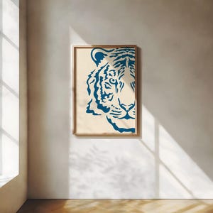 Blue Tiger Wall Art, Preppy Printable Tigers Dorm Room Poster, Trendy Navy Blue Wall Art, Retro Bar Cart Digital Print, Blue Apartment Decor