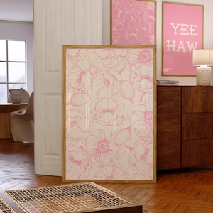 Cream and Pink Flowers Wall Print, Preppy Flower Printable Dorm Room Art, Trendy Wall Art, Floral Bar Cart Print, Apartment Digital Poster