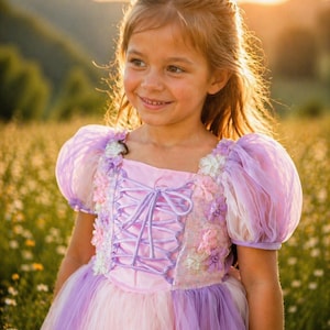 May include: A young girl smiles, wearing a lavender and pink princess dress with a lace-up bodice and puffy sleeves. The dress is adorned with floral accents. The background is a field of wildflowers bathed in sunlight.