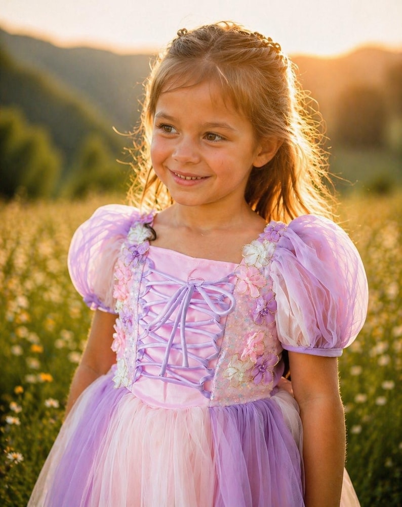 May include: A young girl smiles, wearing a lavender and pink princess dress with a lace-up bodice and puffy sleeves. The dress is adorned with floral accents. The background is a field of wildflowers bathed in sunlight.