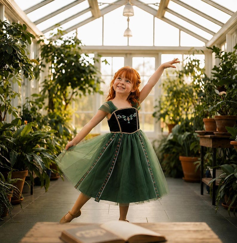 May include: A young girl with red hair wearing a green and black dress with floral embroidery, posing in a greenhouse. The dress has a tulle skirt and short sleeves. The girl is smiling and has one arm raised. The background features lush greenery and sunlight.