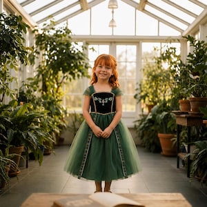 May include: A young girl with red hair smiles, wearing a green dress with a black bodice and gold trim. The dress has a tulle skirt and short sleeves. She stands in a sunlit greenhouse filled with potted plants.