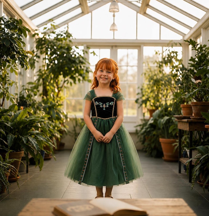 May include: A young girl with red hair smiles, wearing a green dress with a black bodice and gold trim. The dress has a tulle skirt and short sleeves. She stands in a sunlit greenhouse filled with potted plants.