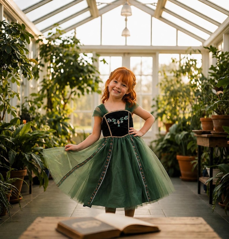 May include: A young girl with red hair smiles, wearing a green and black dress with floral embroidery. The dress has a tulle skirt and short sleeves. She is standing in a greenhouse filled with plants, with a wooden table and an open book in the foreground.