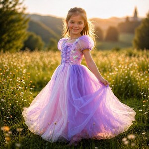 May include: A young girl wearing a lavender and pink princess dress with a corset bodice and short, puffy sleeves. The dress has a layered skirt and is adorned with floral accents. The girl is smiling in a field of wildflowers.