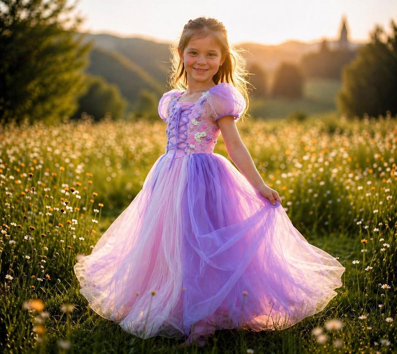 May include: A young girl wearing a lavender and pink princess dress with a corset bodice and short, puffy sleeves. The dress has a layered skirt and is adorned with floral accents. The girl is smiling in a field of wildflowers.