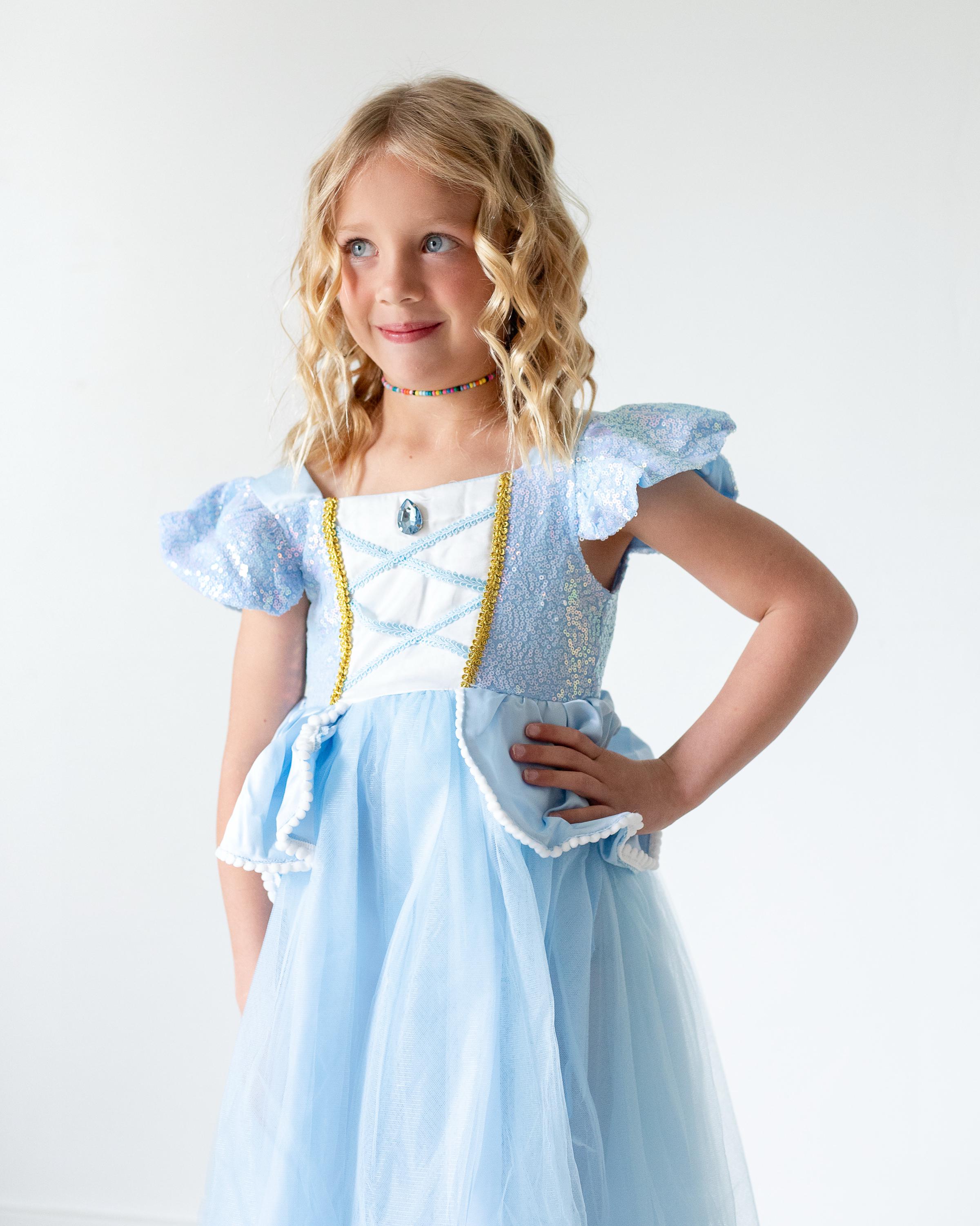Vestito Principessa Cenerentola Per Bambine 2-7 Anni - Costume Con Corona E Accessori, Blu