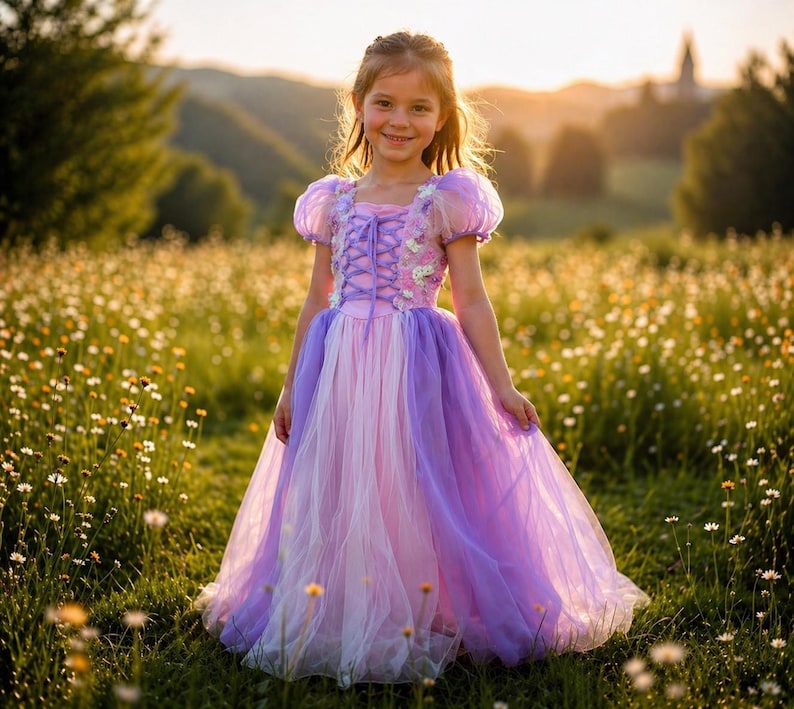 May include: A young person wearing a princess-style dress. The dress features a bodice with a lace-up design and a layered skirt in shades of pink and purple. The dress has short, puffy sleeves and is adorned with floral accents. The person is standing in a field of wildflowers.