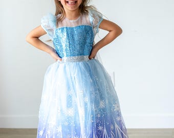 Elsa inspired princess dress, blue winter princess dress up, winter princess costume dress, Blue Princess Dress Costume Set, Birthday Party