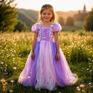 May include: A young girl in a lavender, pink, and white princess dress with a corset bodice and floral accents. The dress has short, puffy sleeves and a layered skirt. The girl is standing in a field of wildflowers.