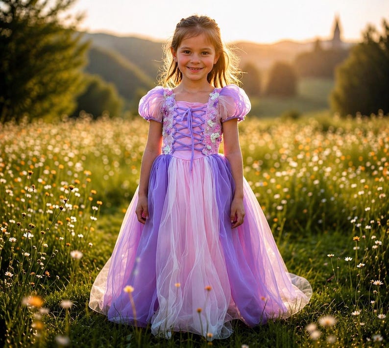 May include: A young girl in a lavender, pink, and white princess dress with a corset bodice and floral accents. The dress has short, puffy sleeves and a layered skirt. The girl is standing in a field of wildflowers.