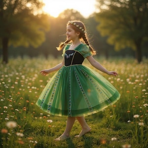Op Anna geïnspireerde prinsessenjurk, groene prinsessenjurk, Anna-kostuumjurk, Anna-prinseskostuum, Disney-geïnspireerd kostuum