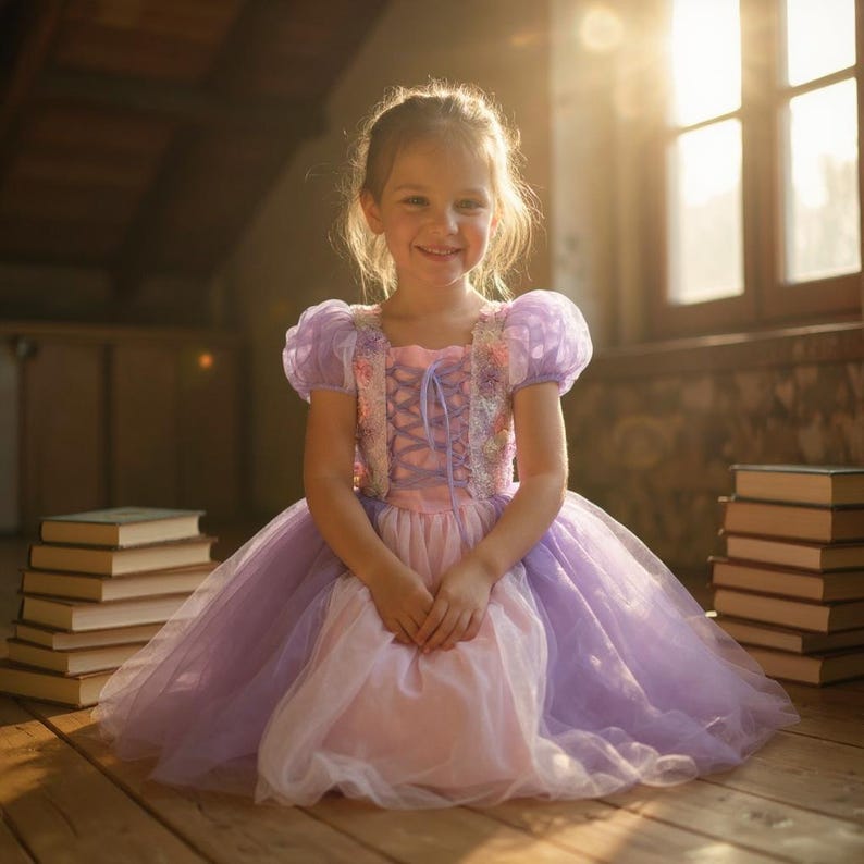 May include: A young girl wearing a lavender and pink princess dress with puff sleeves and a lace-up bodice. The dress has a layered tulle skirt. The girl is smiling, with stacks of books in the background.