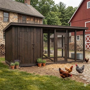 May include: A dark brown wooden chicken coop with a door and screened enclosure. Several potted plants sit in front of the coop. Chickens are walking on the ground in front of the coop.