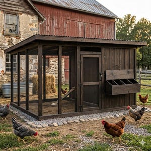 Puede incluir: Un gallinero de madera marrón oscuro con un cerramiento de malla metálica y un tejado inclinado. El gallinero tiene un ponedero y una rampa. Varias gallinas están en el patio. El fondo incluye un granero rojo y un edificio de piedra.