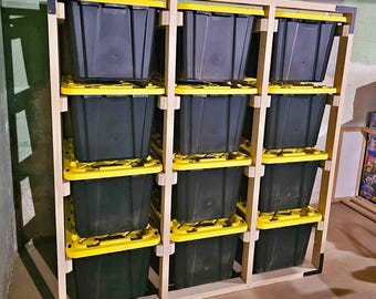 DIY 27 Gallon Tote Rack Plans: Garage Wood Storage, Tote Garage Storage Shelves, Organization Storage Plans, Basement Organizer,