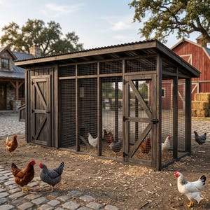 May include: A large, dark-stained wooden chicken coop with a metal roof. The coop has wire mesh walls and doors, and several chickens are visible inside and outside the coop. The coop is set on a dirt surface with a red barn in the background.