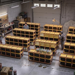 May include: An indoor scene featuring multiple wooden-framed storage units with black and yellow containers. Several people are present, and various bottles and tools are visible. The setting appears to be a workshop or storage facility.