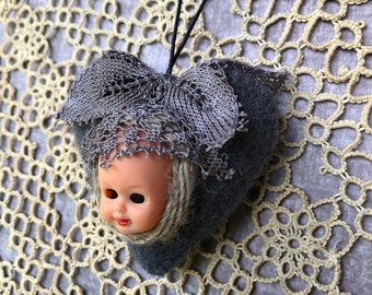 Dark Heart Ornament - Wool, Lace and a Vintage Doll Face