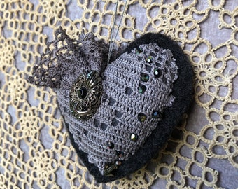 Dark Heart Ornament - Wool, Lace and Bling