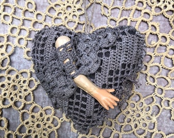 Dark Heart Ornament - Wool, Lace and a Vintage Doll Arm