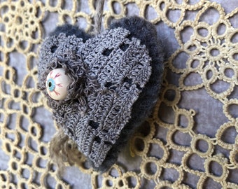 Dark Heart Ornament - Wool, Lace and an Eyeball Bead