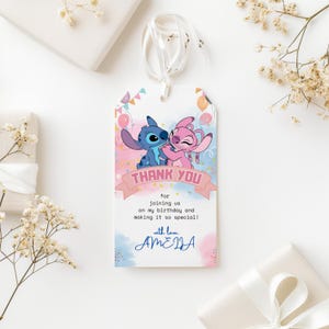 Motyw Stitch Cyfrowe Urodzinowe Przyjęcie Upominkowe Podziękowanie Tag, Uroczy Urodzinowy Tag Stitch, Edytowalna Karta Podziękowania dla Dziewczyn, Natychmiastowe Pobieranie, Canva