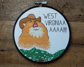 Könnte beinhalten: Ein Kreuzstich-Stickrahmen mit einer Cartoon-Katze, die einen Cowboyhut trägt. Die Katze ist orange und braun, mit dem Text "WEST VIRGINIA AAAAA!!!!" in Schwarz. Grüne und braune Stiche stellen eine Landschaft dar.