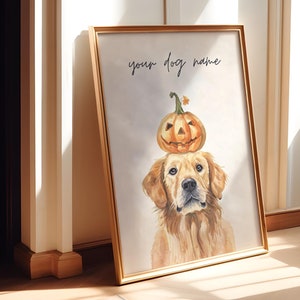 Golden Retriever mit Kürbis auf dem Kopf, Kundenspezifisches Hundeplakat, Aquarell-Hundeplakat-Wand-Kunst, digitaler Halloween-Herbst-Danksagung-Druck