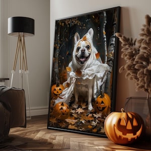 Arte de pared retro de perro espeluznante, impresión de Halloween de perro bulldog francés, descarga digital de perro lindo, póster estético de otoño, decoración vintage divertida de otoño