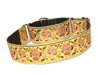 Yellow martingale dog collar with a pretty pink and metallic gold design, safety collar, Buttercup