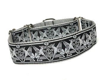 Egyptian dog martingale dog collar in black and silver, Greyhound Collar, Sighthound Collar, no-slip collar, EGYPTIAN DOG