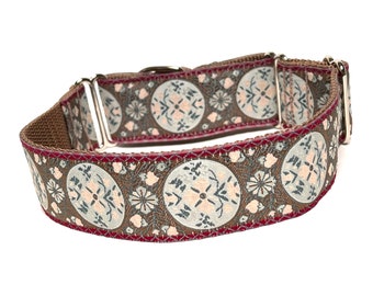 Elegant martingale dog collar in a taupe and burgundy design, no slip collar, safety collar, Guinevere