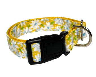 Daisies yellow and white dog collar with buckle, adjustable dog collar, floral standard dog collar, dog collar with flowers