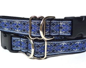 Navy blue metallic dog collar with buckle in a medieval renaissance style, Old English