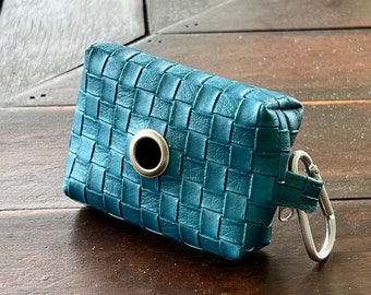 Blue Faux Leather Dog Waste Bag Dispenser Pouch - Dual Roll Capacity, Leash Attachment