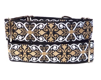 Medieval martingale dog collar in a black, white and tan renaissance design, adjustable no-slip training collar, CAMELOT