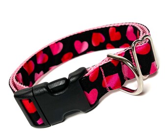 Valentines day buckle dog collar with pink and red hearts, valentines day dog collar, adjustable dog collar, VDAY B5