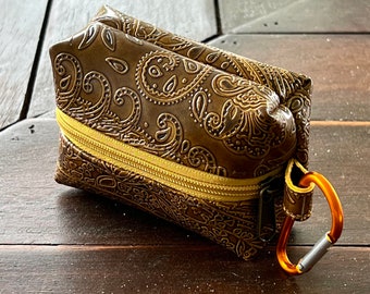Faux Leather Dog Poop Bag Holder: Brown Zipper Pouch