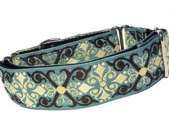 Martingale dog collar in a teal medieval renaissance style, adjustable no-slip training collar, Greyhound Collar, Sighthound Collar, Camelot