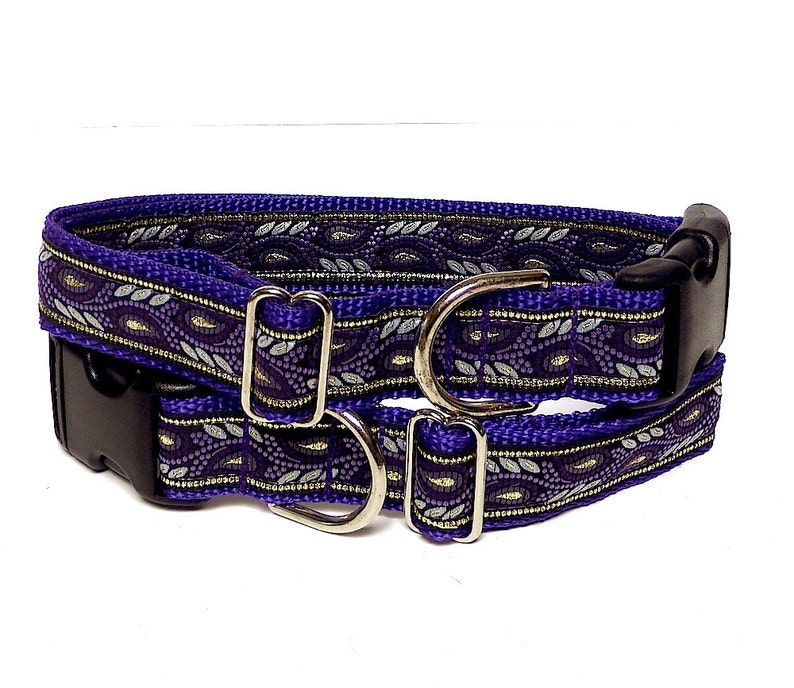 Purple metallic dog collar with buckle in a leaf design image 4